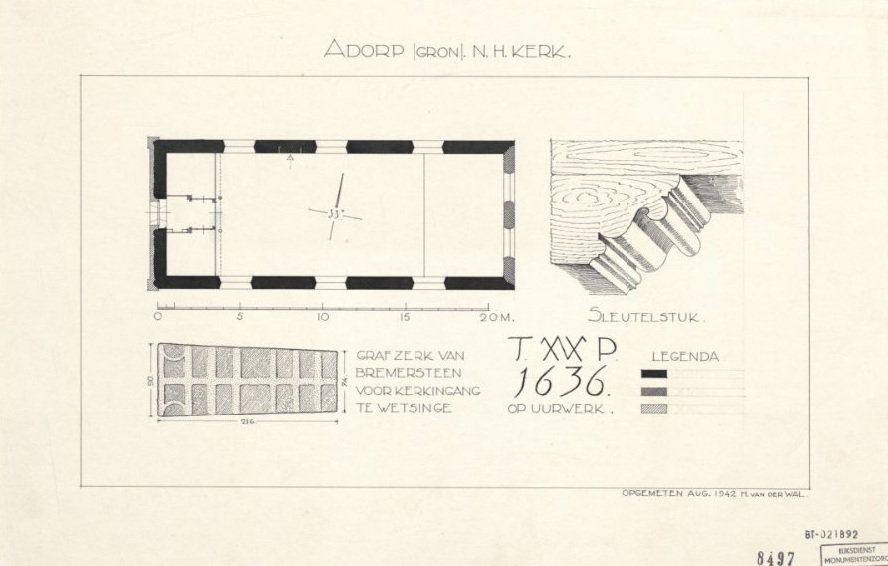 Plattegrond van de kerk te Adorp, opgemeten door Van der Wal in augustus 1942.